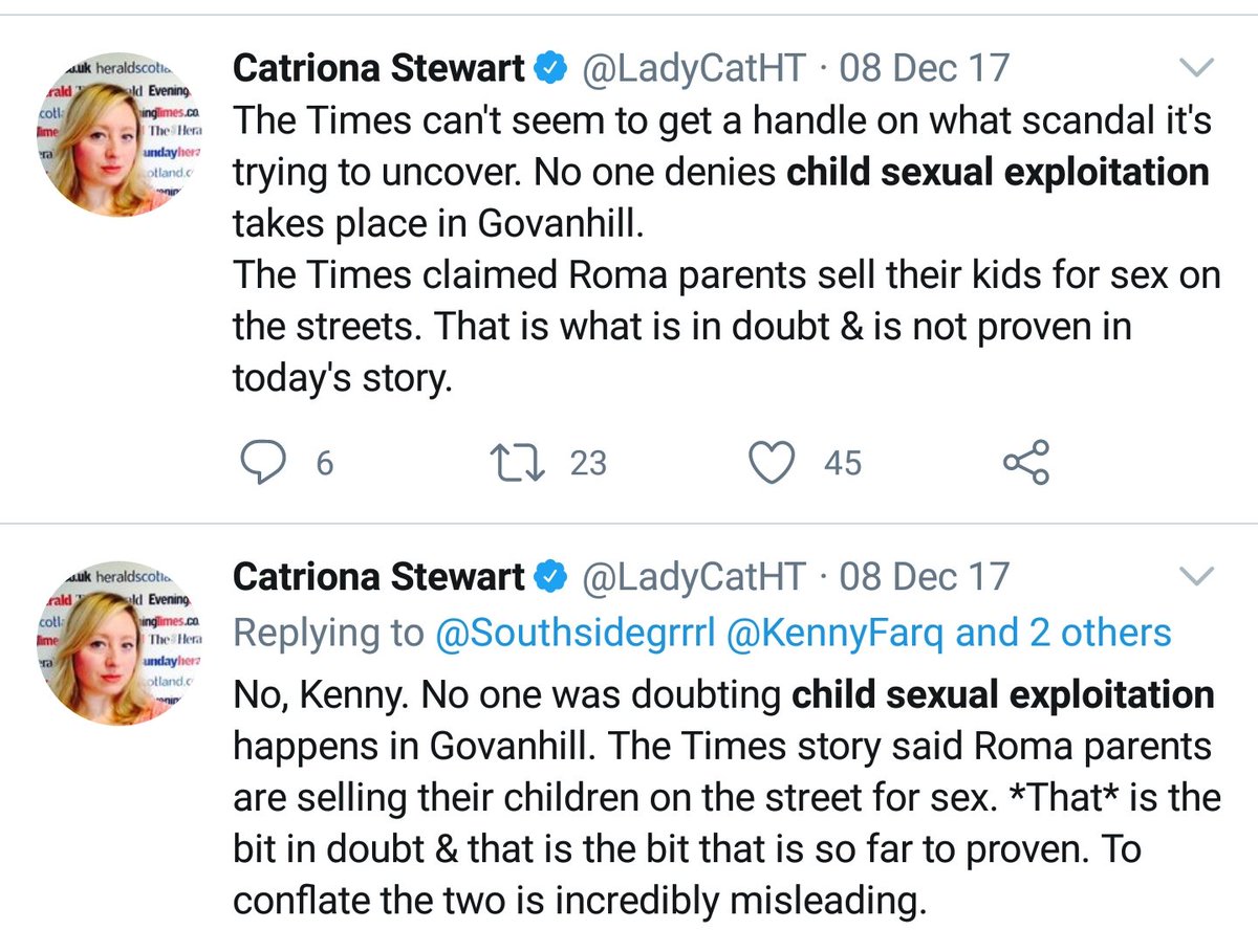 <a href="/ACGlasgow_/">Alex Cairnie</a>  

@LadyCatHT reported numerous articles on CSE, trafficking etc in Glasgow, she doesn't deny it goes on, the police can't deny it goes on due to previous convictions

If you can find proof that Roma parents are selling their kids, lots of folk will eat their words.