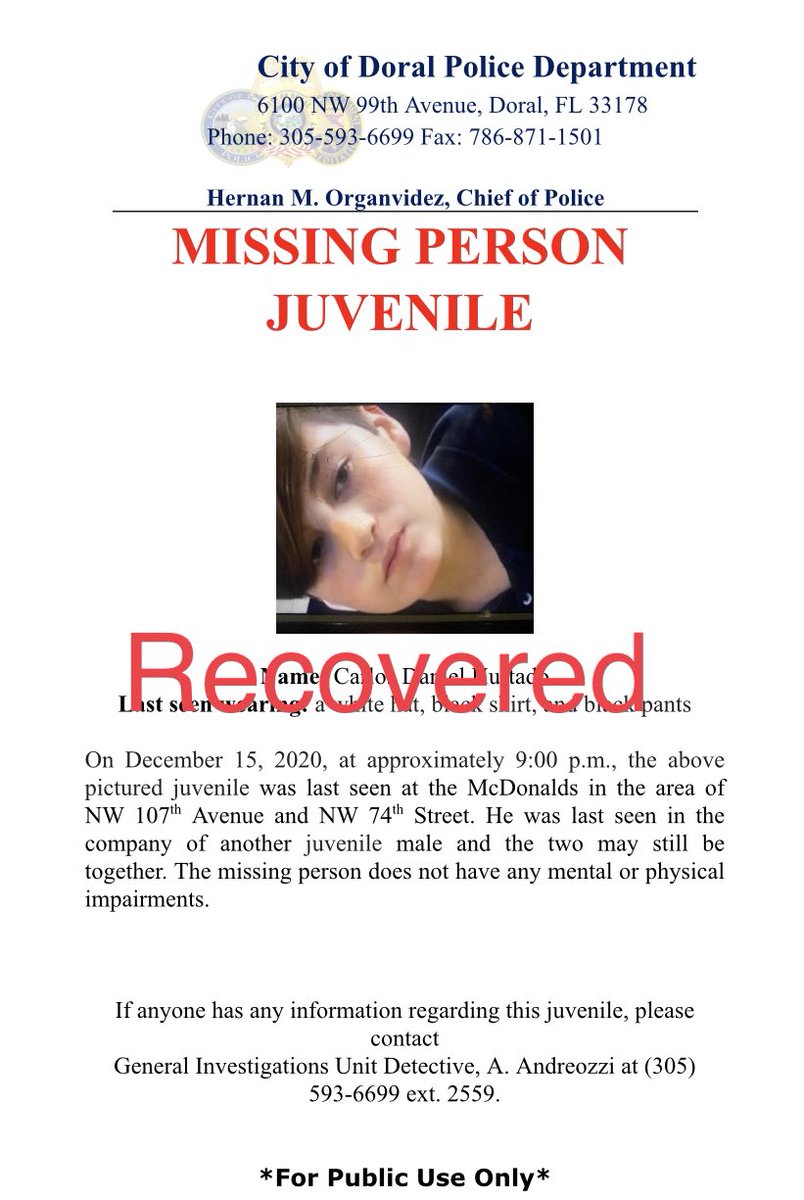 DoralPolice's tweet image. The two juveniles who were reported missing were located safe and sound.  We thank the public and the local media who took an interest in this case.  ^RV.