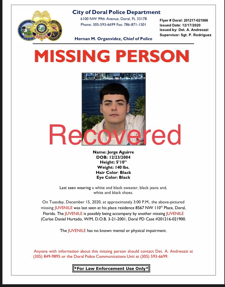 DoralPolice's tweet image. The two juveniles who were reported missing were located safe and sound.  We thank the public and the local media who took an interest in this case.  ^RV.