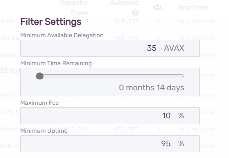 You can also filter the validating nodes that are showing on the list to delegate to.