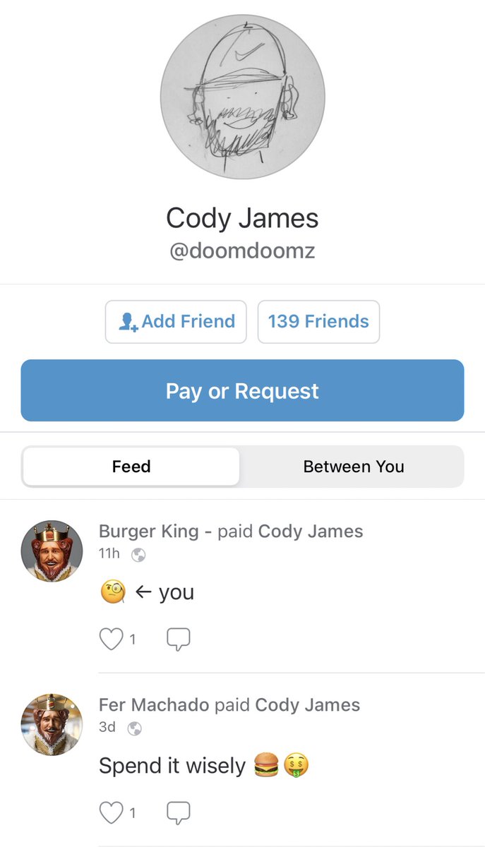 These 2 payments are rather innocuous UNTIL you find out these people are: @doomdoomzz — creative director at Mullen (ad agency), and worked on BK’s Twitter liking spree to relaunch the funnel cake AND @fer_machado123 — CMO of Burger King (the )cont/