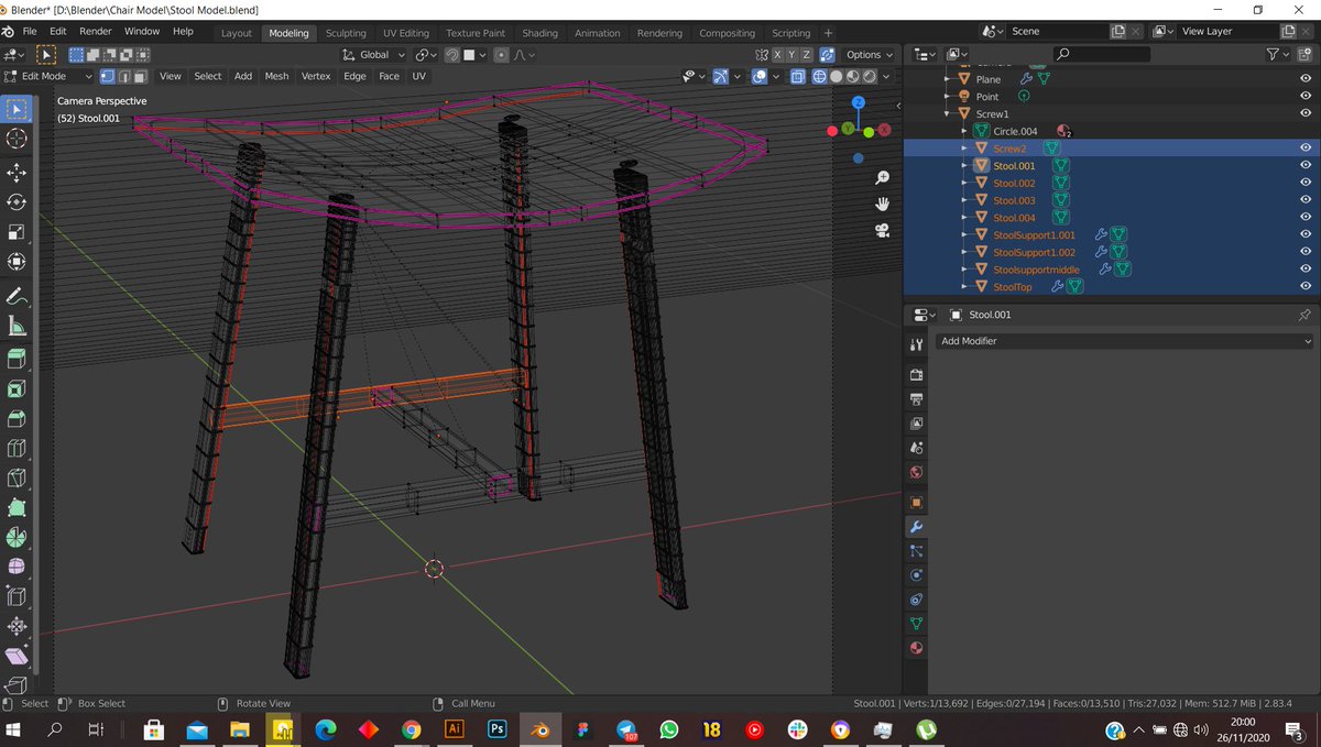 The Schematics (modelled a stool instead):2D wireframeQuad view of 2D and 3D wireframe on Blender X-ray view