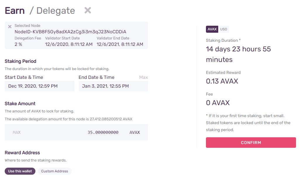 So here's my delegation selection. Note that the validator and delegation dates end at a different time. This means that, while the validator ends its period in an specific date, you can customize your delegation period and your reward will be given according to that time.