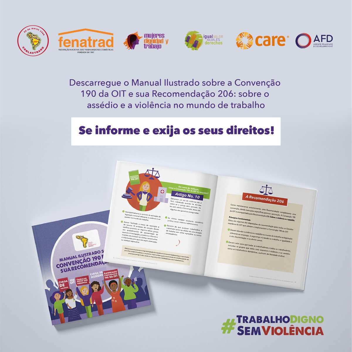Compartilhamos o link do Manual Ilustrado da Convenção 190 da OIT e sua Recomendação 206, projeto que realizamos em aliança com a Confederação Latino-americana e Caribenha de Trabalhadoras Domésticas (CONLACTRAHO, na sigla em espanhol).
➡ bit.ly/3mzw3oO