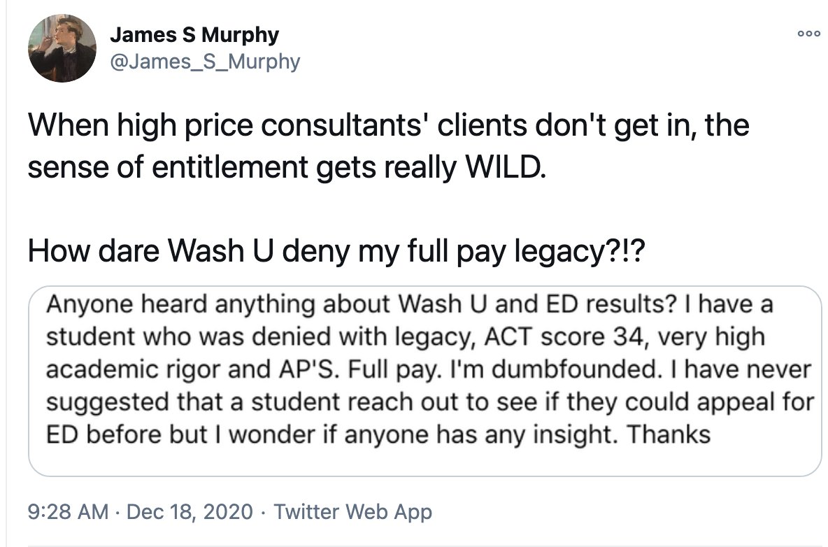 One of the problems with IECs is that often their clients are most easily sold by someone who leans into the idea that the clients child deserves whatever they wants and its someone else's fault when they doesn't get it.  https://twitter.com/akilbello/status/1318574009836048384?s=20 https://twitter.com/James_S_Murphy/status/1339940650414993409?s=20
