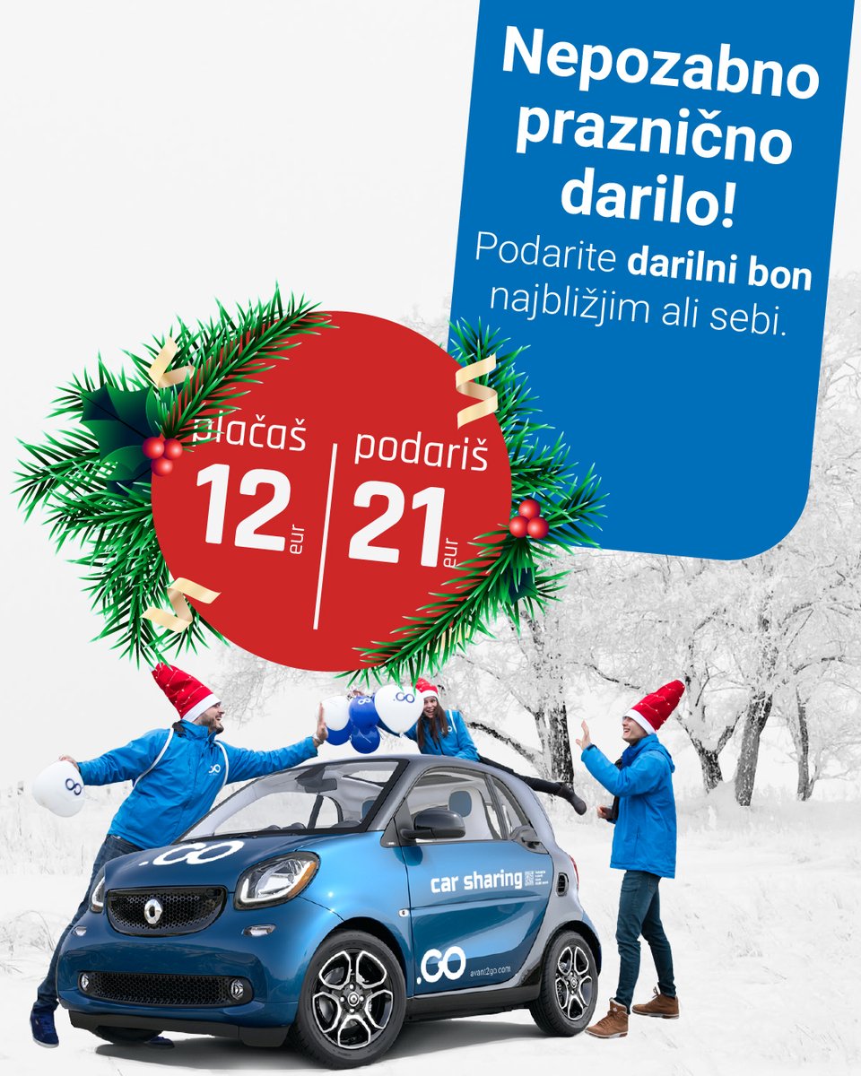 Obišči avant2go.si/praznicni-paket in podari "tri" praznična darila hkrati. 🎁

1. Zate ali za najbližje: Plačaš 12 €, podariš 21 € dobroimetja.
2. Za okolje: Vozi se s 100 % električnimi vozili.
3. Za pomoči potrebne: Od vsakega paketa 3 € namenimo za Anino zvezdico.