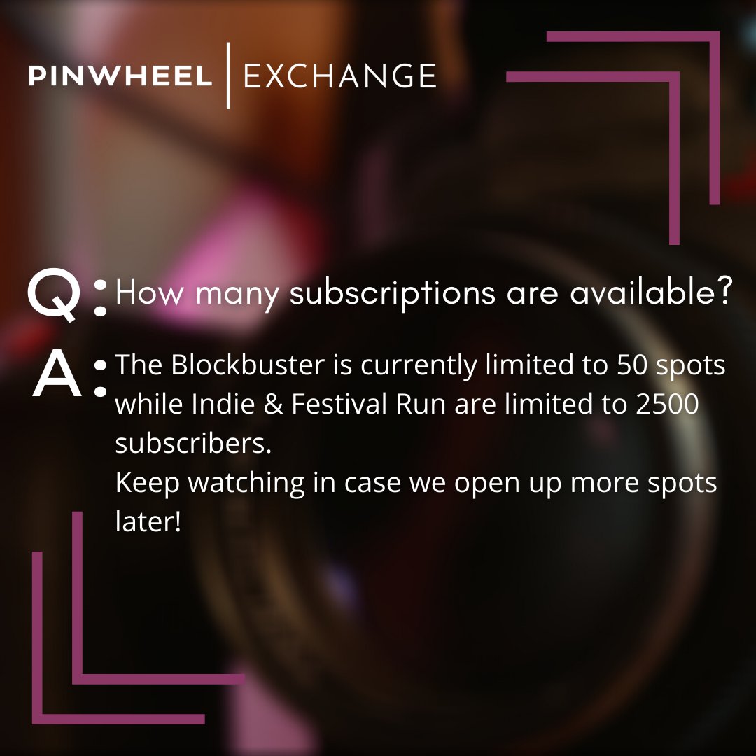 PinwheelProds's tweet photo. For now, we are only accepting a total of 5,050 subscribers for Pinwheel Exchange, and we would love for you to be one of them! 

If you have any questions, you're not alone. Send in any questions you have about the Exchange; we'd love to answer them!
#pinwheel #film #FAQ https://t.co/DyRhSxEz00