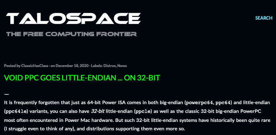 mpc7500v2's tweet photo. #VoidPPC goes little-endian ... on 32-bit
https://t.co/L9ORm1K7uv
#OpenPOWER #POWER9 #PowerPC #PPC32le #VoidLinux https://t.co/x4AVegNpod