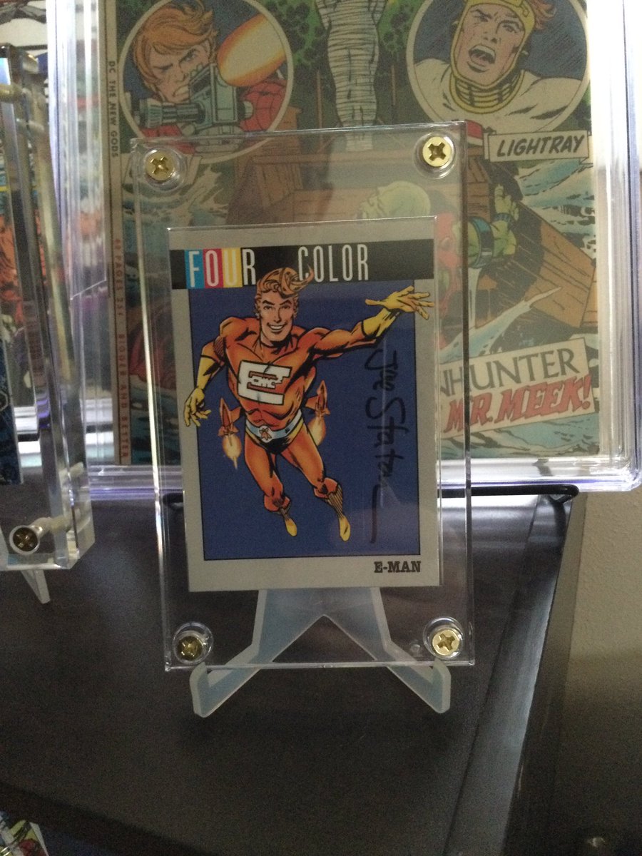 Paul_thePullbox's tweet photo. @CTropes C2E2 a couple years ago, wandering Artist Alley, I saw a big sign with E-Man on it & artist Joe Staton sitting under it. E-Man is one of the first comics I remember reading regularly as a kid, so this was pretty damn great. Got a signed trade, a card, & a memory... #IMissCons https://t.co/nZGcvzLXVA