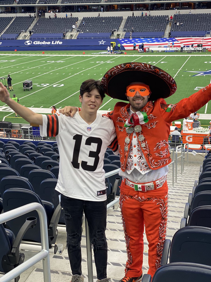 chanodawg's tweet photo. @Browns @firstenergycorp October 2020... Browns @ Cowboys with my Son... we’re from Monterrey, Mexico... Big Fans... wore our #Browns outfit, travelled to Dallas and watched our team win!! 🙌🏼🙌🏼 #DawgPound #BestFanEnergy https://t.co/UvTNP4d4KR