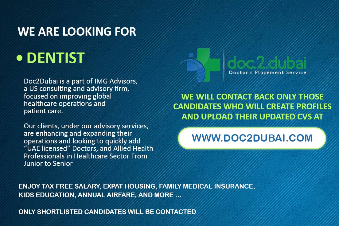 We are looking for a Dentist
APPLY NOW: doc2dubai.com

#Dentist #hiring #job #recruitment #Recruiting #staffing #hospitals #doctors #nurses #AHPs #Dubai #AbuDhabi #Sharjah #Doc2dubai