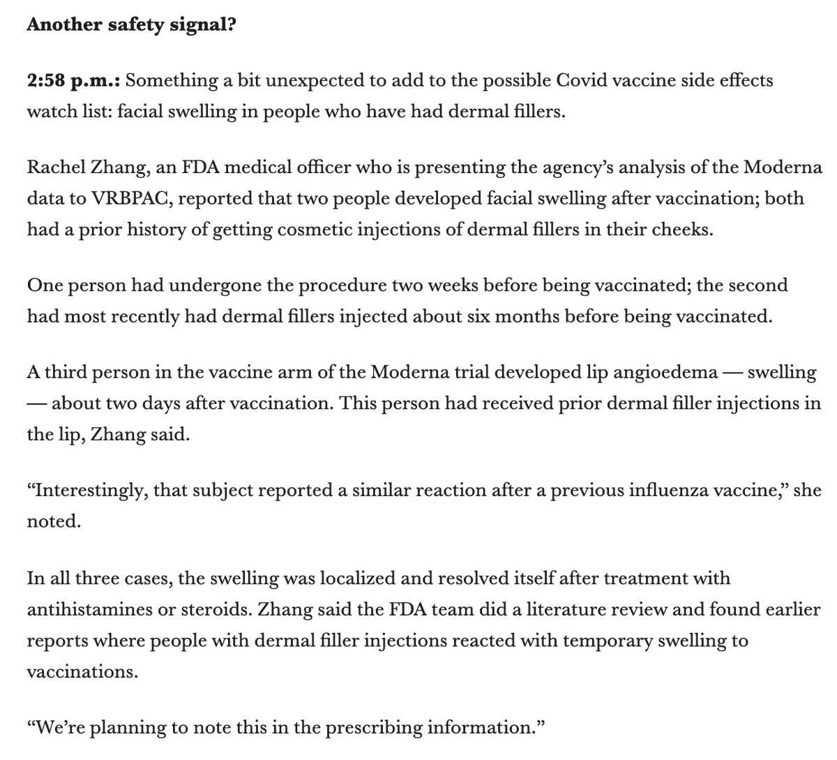 11. There are now 4 reports of facial swelling among people who had previously had cosmetic dermal filler injections who were in the  #Moderna  #CovidVaccine clinical trial. I wrote a bit about this in  @statnews' live blog of the  @US_FDA advisory committee meeting Thursday.