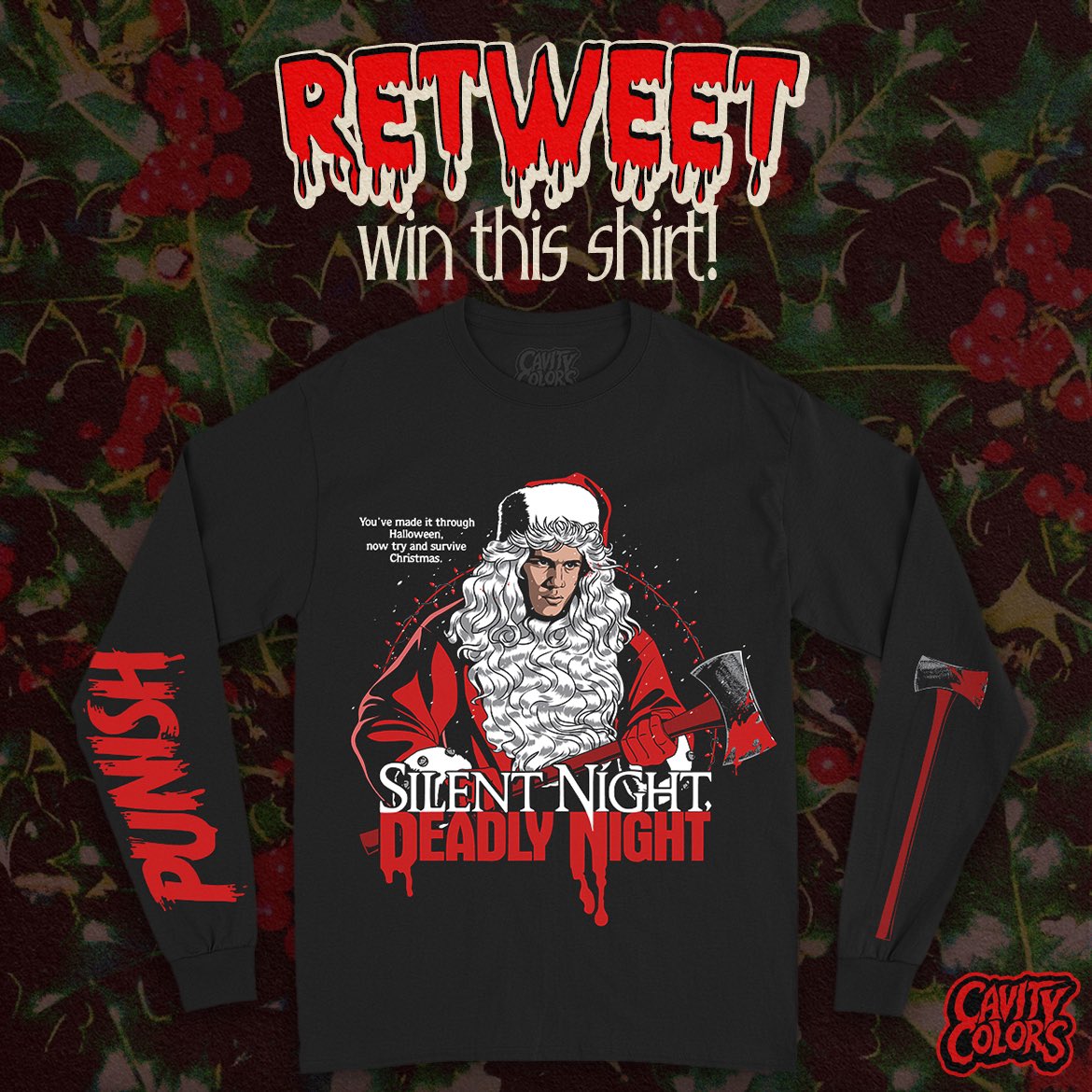 🎄RETWEET, win this shirt! 🎁 ‘Tis the season for punishment, I mean gift giving... so we’re giving away an official SILENT NIGHT DEADLY NIGHT long sleeve shirt!
🎅🏻
One random winner will be chosen on XMAS EVE. Must be following <a href="/cavitycolors/">CAVITYCOLORS 🎃</a> to be eligible.
Good luck, fiends!