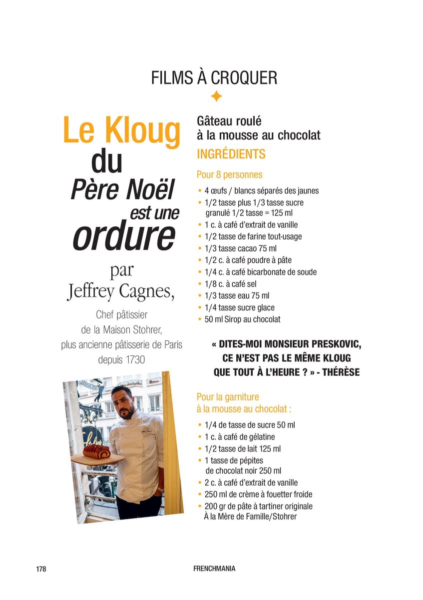 ManiaFrench's tweet photo. Films Ă croquer #Miam
Extrait de la recette (revisitée) du #KLOUG du PÚre Noël est une ordure par #JeffreyCagnes, chef chez #Stohrer !
Recette complĂšte dans le N°1, toujours en librairie ou dispo sur abonnement via https://t.co/LUizkidniN đ https://t.co/yd2MCMakDw