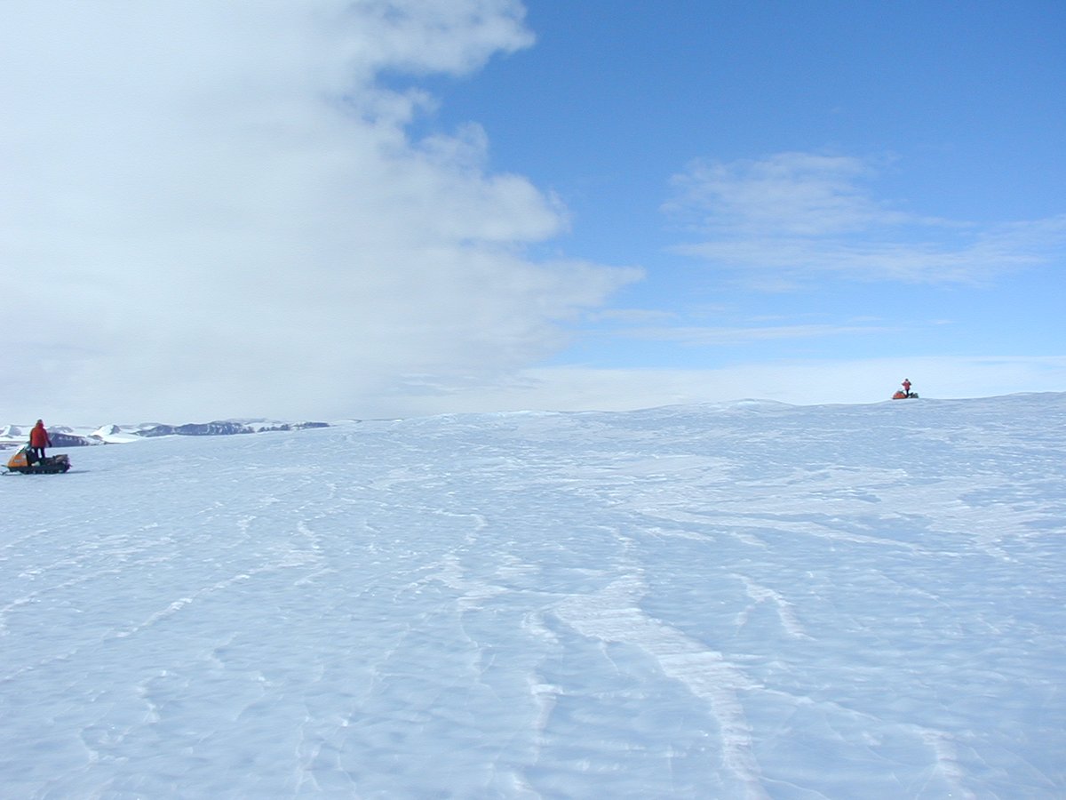 12-19-2000  #ANSMET2000 team did systematic searching across some blue icefields, found 27 meteorites. Every meteorite location is marked with a flag.