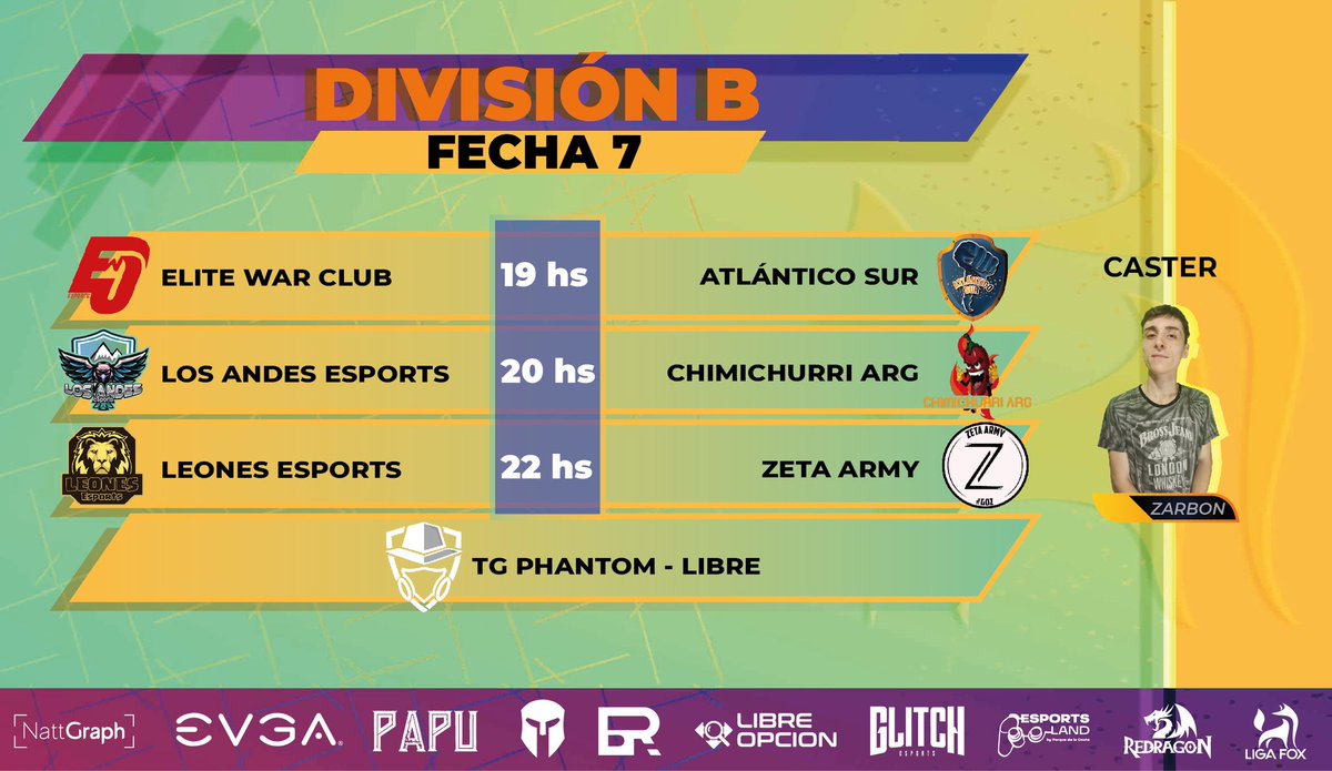 🏆 | #ClashRoyale | #LigaFox 🦊

Enfrentamientos, 7ma y última fecha de la "División B" 

🔸️ <a href="/EliteWarClub/">EliteWar CLUB 🕹🎮</a> 🆚️ <a href="/CrAtlantico/">Atlántico Sur CR</a> 

🔸️ <a href="/LosAndesGG/">𝑳𝒐𝒔 𝑨𝒏𝒅𝒆𝒔 𝒆𝑺𝒑𝒐𝒓𝒕𝒔 🇦🇷</a> 🆚️ <a href="/ChimichurriArg/">Chimichurri Arg 🇦🇷 #VamosChimi 💯</a> 

🔸️ <a href="/EsportsLeonesCR/">Leones eSports</a> 🆚️ <a href="/ZetaArmy_Cr/">Zeta Army</a> 

Libre: <a href="/TGPhantomGG/">TG Phantom</a> 

🎙Caster: @zarbond
🖌Designer: @natt_graph