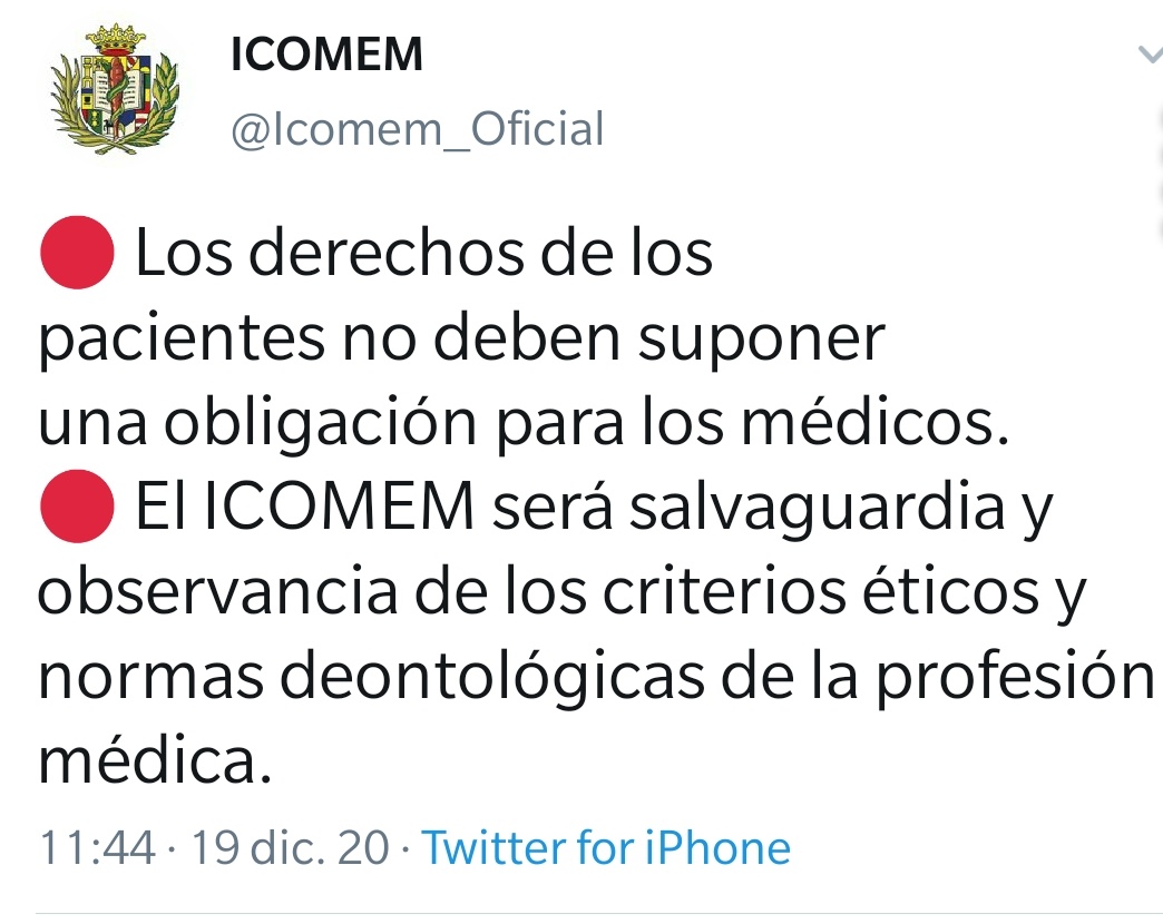 Dice el <a href="/Icomem_Oficial/">ICOMEM</a>
Que los derechos de los pacientes no deben suponer obligación para los médicos.
No estoy de acuerdo (en absoluto).

Voy con algunos comentarios a propósito del tweet 👇