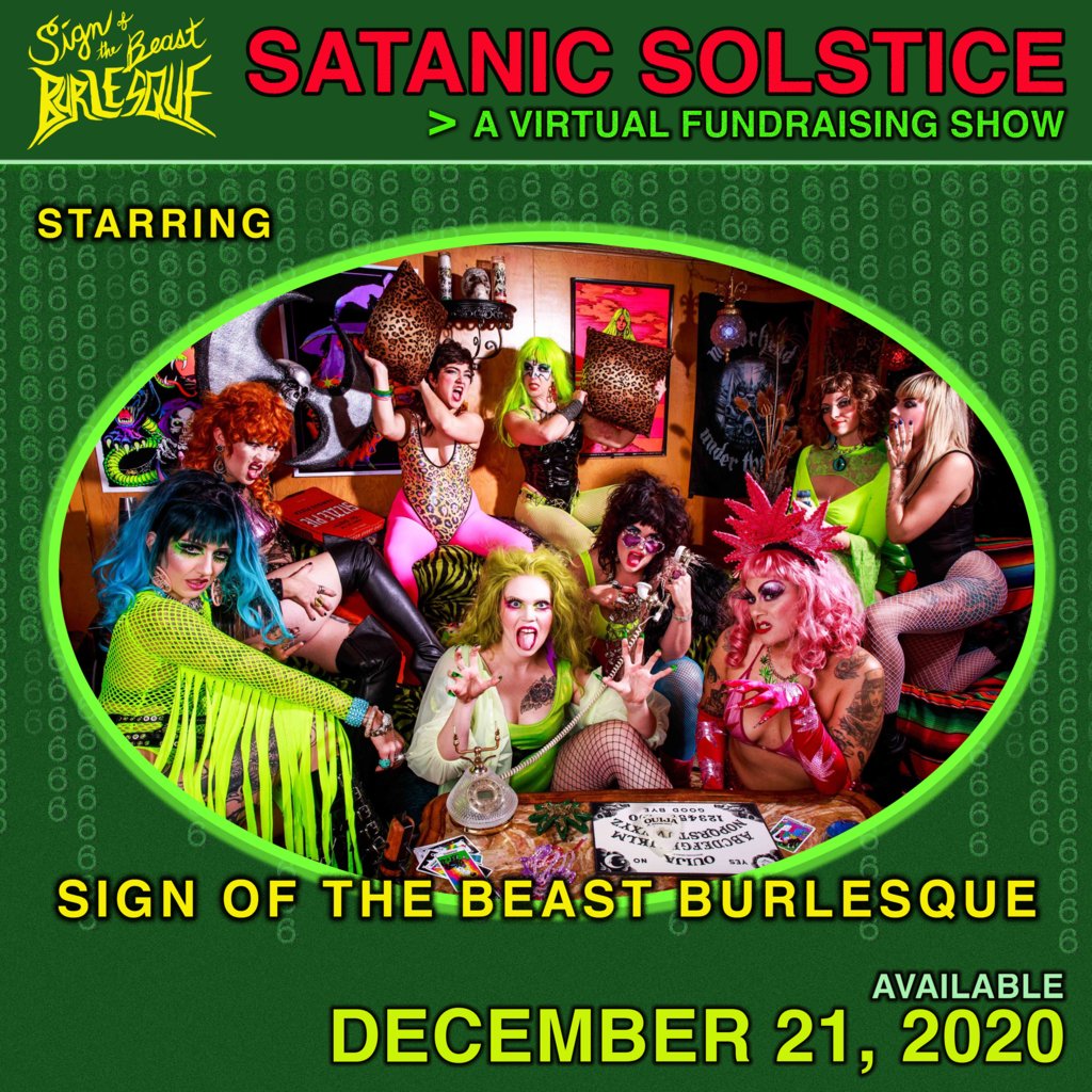 SOTBBurlesque's tweet photo. SATANIC SOLSTICE virtual show drops 12/21 to your inbox! A full show of #metalesque #metalburlesque to watch when you like, from wherever you are! Special guests @MxNyxNocturne @EdenLost_ and Evangeline Cain with Sign of the Beast Burlesque Troupe! TIX: https://t.co/uyTIArPwpf https://t.co/FmMWGHyDEi