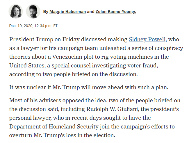 How about this one, just launched against Sidney Powell by the Left? It's the same template. Using anonymous sources.