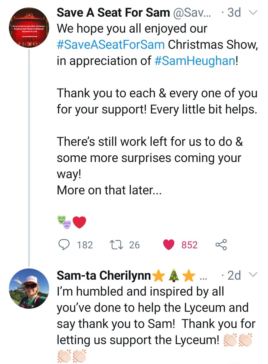 This Saturday is the  @SaveASeatForSam day!! The show day! The day Sam and we, all the fans, saw the show Sav and Tash were working on for months! And wow!! what an amazing show that was!! Congrats again on the amazing gift! We were happy, Sam was happy and grateful! #SamHeughan