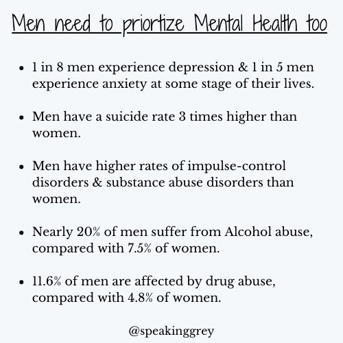 speakinggrey's tweet photo. Normalise men needing emotional support. Studies suggest that men are at a higher risk of suicide. Due to high stigma, men often bottle up their emotions. #mensmentalhealth is important 🤝 #Mentalhealth https://t.co/nEUbPcVQeo