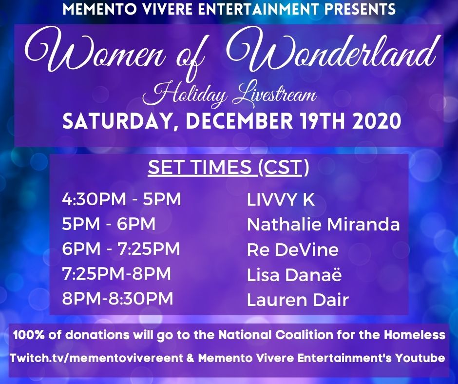 MemVivEnt's tweet photo. ❄️☃️✨Set times are here for the Women of Wonderland Holiday Livestream tonight! Tune in starting at 4pm CST/ 2pm PST to our Youtube and Twitch! ❄️☃️✨

100% of donations will go to the @national_homeless https://t.co/1C6RAQ1sHd