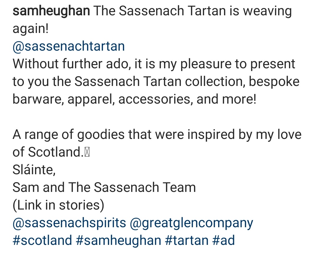 Friday came with more perfect Christmas gifts to us as Sam announced that the  @SassenachTartan is weaving again! Stunning, soft scarves and blankets, the  #SassenachWhisky Glasses, Teeshirts, Hip Flasks and Caps that we all wanted, plus so much more!! Samta came!!! #SamHeughan