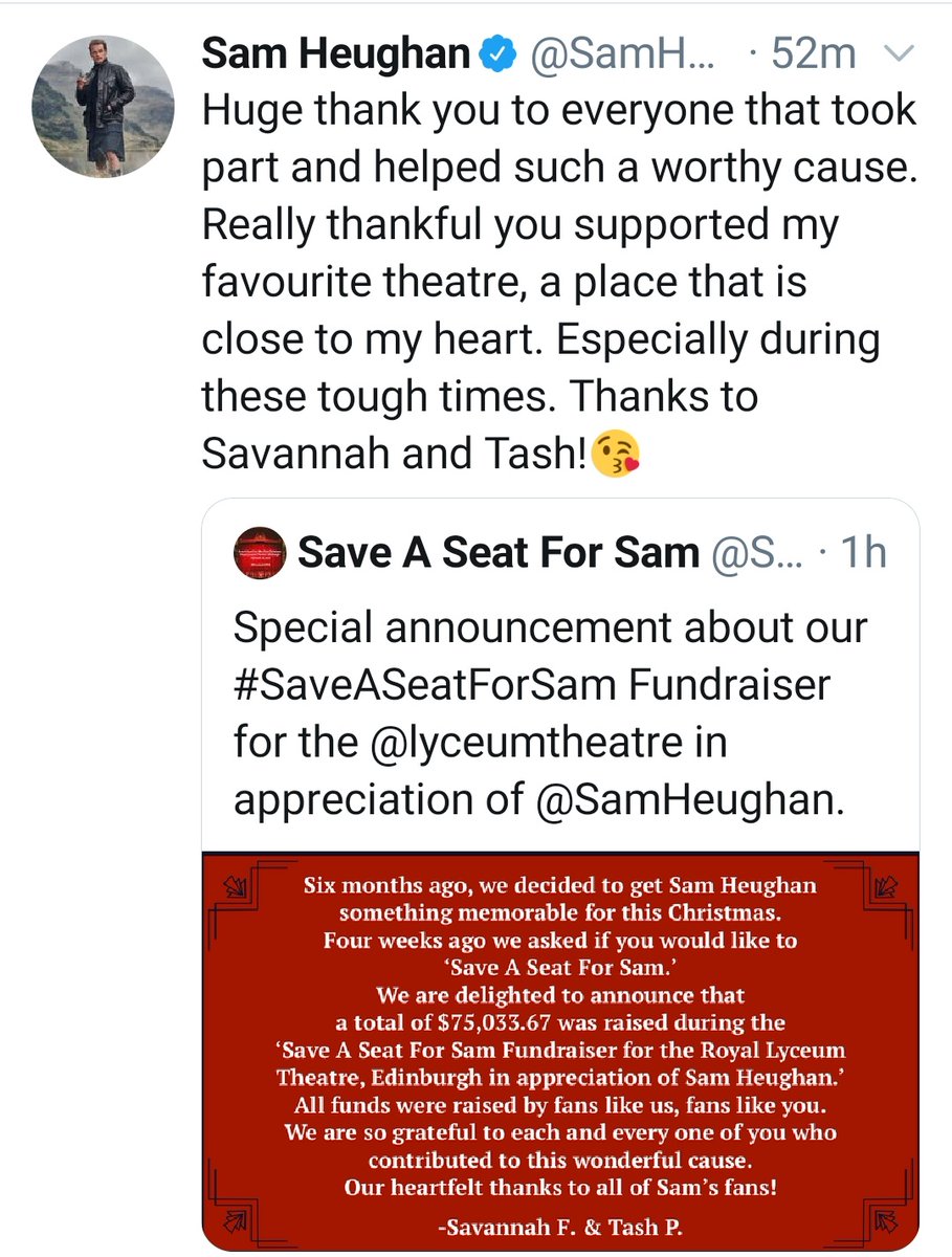 Friday got even better when  @SaveASeatForSam posted a special announcement about the incredible amount raised during the fundraiser as a gift for Sam, for us and for Lyceum! Incredible action by Sav, Tash and all the fans!  #SamHeughan
