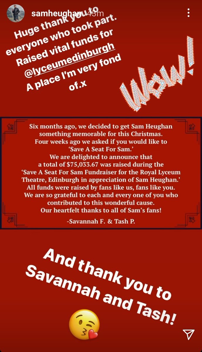 Friday got even better when  @SaveASeatForSam posted a special announcement about the incredible amount raised during the fundraiser as a gift for Sam, for us and for Lyceum! Incredible action by Sav, Tash and all the fans!  #SamHeughan