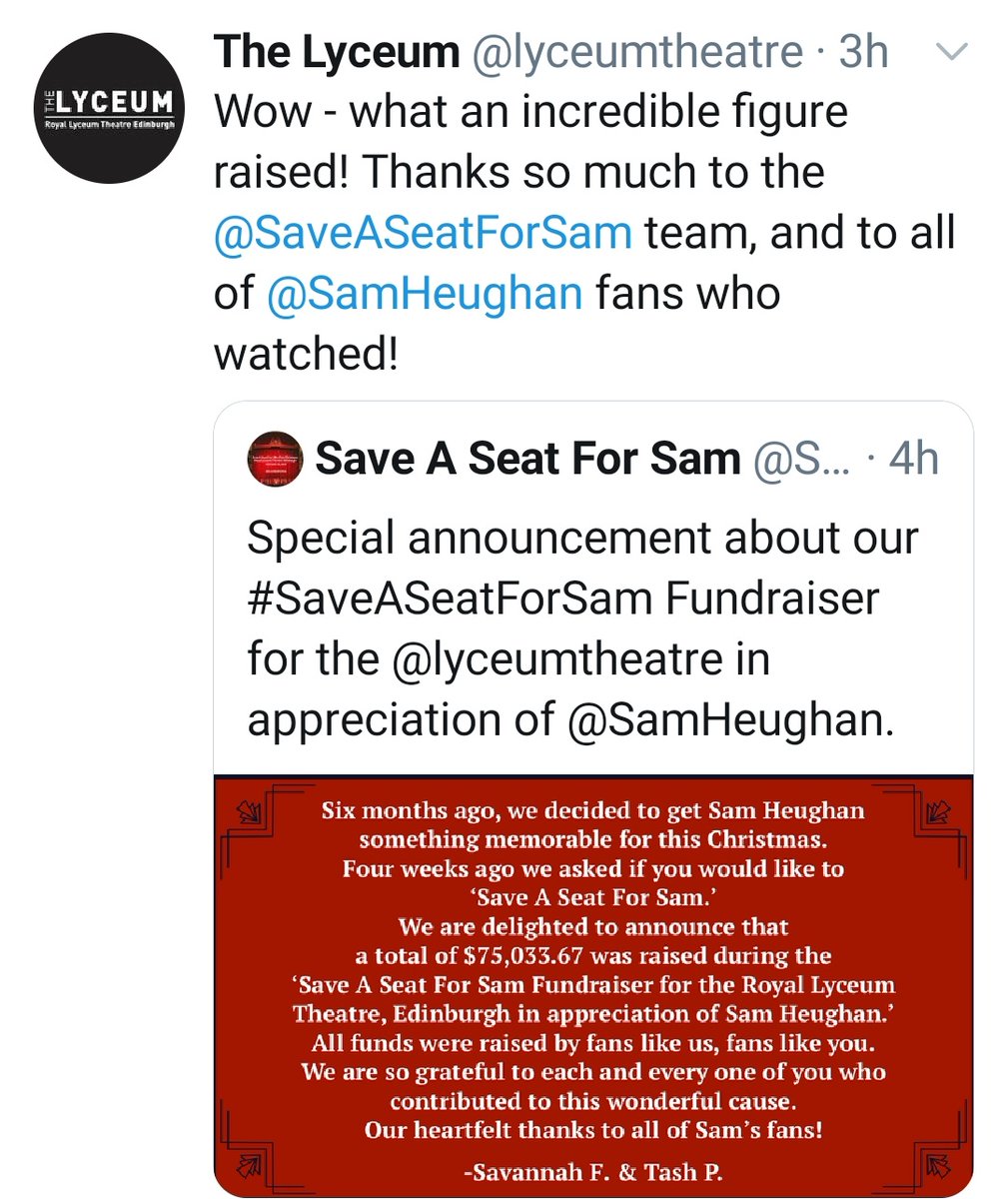 Friday got even better when  @SaveASeatForSam posted a special announcement about the incredible amount raised during the fundraiser as a gift for Sam, for us and for Lyceum! Incredible action by Sav, Tash and all the fans!  #SamHeughan