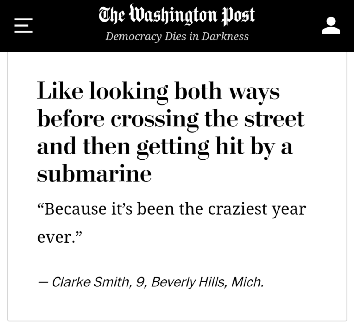 MalloryMcMorrow's tweet photo. The @washingtonpost asked people to sum up 2020 and naturally, a 9-year-old from Michigan wins with the realest answer #PureMichigan https://t.co/yz1MGsDpmM