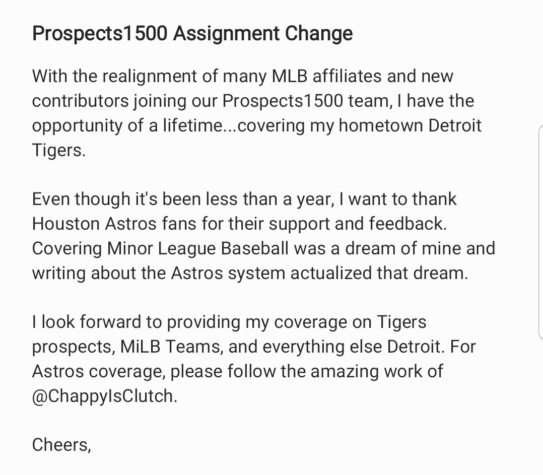 Baseball_Moods's tweet photo. Update on my assignment with @Prospects1500: I will now be covering the @tigers! Can't wait to share my nearly 40 years of Tigers fandom, opinions, and insight. #DetroitRoots #ForTheD

For Astros coverage moving forward, check out my buddy @ChappyIsClutch. https://t.co/wPcz0hmGB4