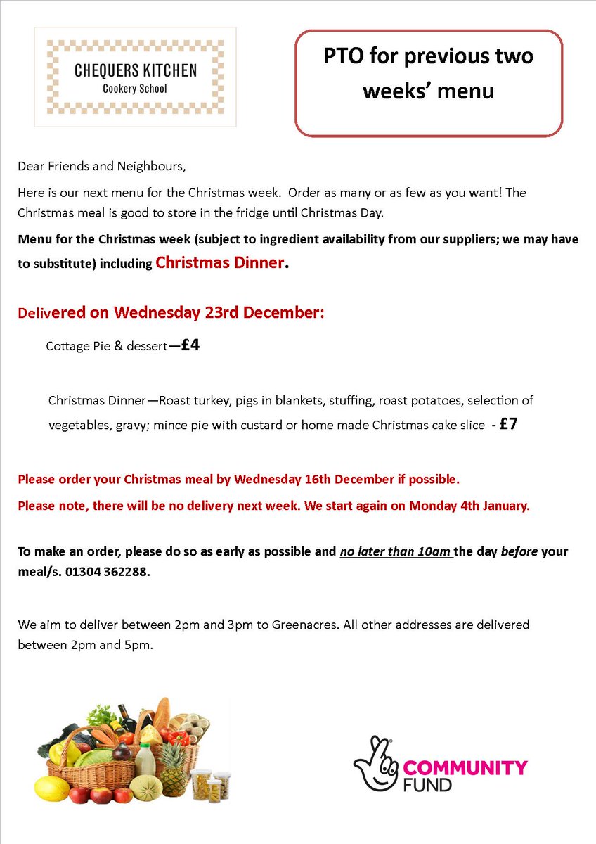 TheChequersDeal's tweet image. Any elderly, isolated or vulnerable folks of any age who now face Christmas alone in Deal, Sandwich or St Margarets are welcome to order a freshly made, chilled Christmas Dinner, to be delivered on Wednesday and perfect for heating up and enjoying on Friday. 01304 362288