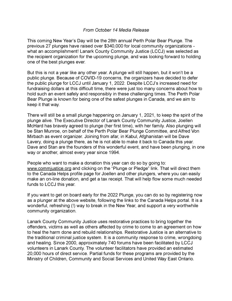 LCCommJustice's tweet photo. Friends of LCCJ, we have an update in regards to the  2021 Perth Polar Bear Plunge! For reference, the media release published on Oct. 14 has been included. We look forward to celebrating with you and hope the news of  Plungers from abroad inspires you to join us next year! #lccj https://t.co/43P7iGP7xH
