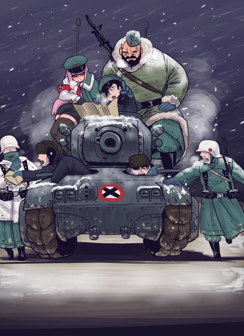 雪中行軍真っ只中のクリスマスアビーさん
アレン曹長はいつも寒い所で素っ裸は寒々しいのでもこもこにしました(流石に四六時中半裸ではあるまい)
白い冬季迷彩服は4の3面で登場したけどいつもの丈だと寒そうなのでコートとか着せたら完全に昔の独軍である
ギリダも特徴的な部分以外は好きに描いたった 