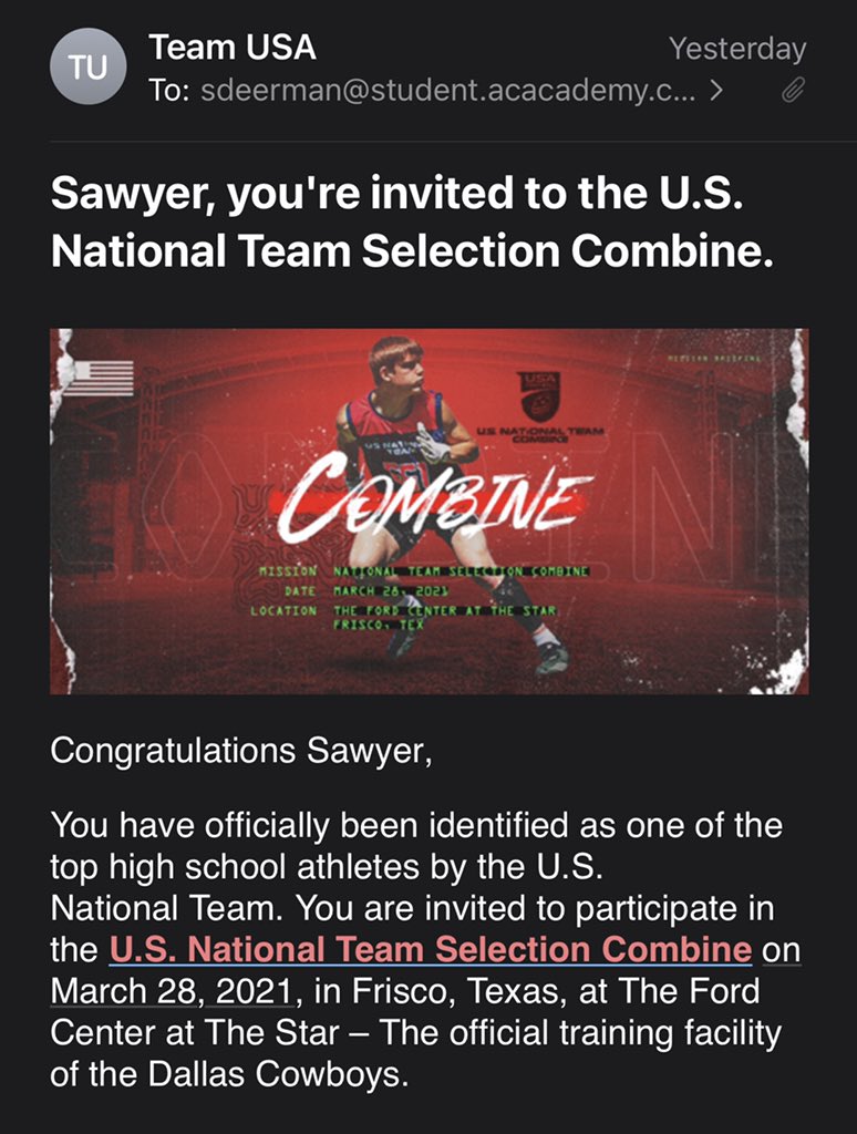 sawyerd15's tweet image. Excited to be invited to the national team selection combine for team USA! ❤️🙏🏻@byron_devinner @_SouthernXpress @Coach_Newton_ @AmerChrFootball @ChadSimmons_ @AndrewJBone @DexPreps @TerryDeerman15 @TheLab_USA 
@DemetricDWarren @HallTechSports1