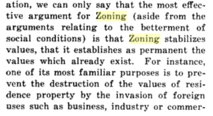 We finally get a real argument from Saville! The "most positive argument" for this new zoning code is to "stabilize values" and notes the detached residential single family use endangered by "invasion of foreign uses".  https://en.wikipedia.org/wiki/Proof_by_example
