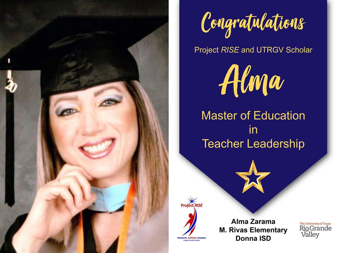 RegionOneESC's tweet photo. Celebrating the graduates of the Project RISE - UTRGV Master of Education in Teacher Leadership! Congratulations! 👏💐🌟

Alma Zarama
M. Rivas Elementary
Donna ISD https://t.co/kgC96oEJlP