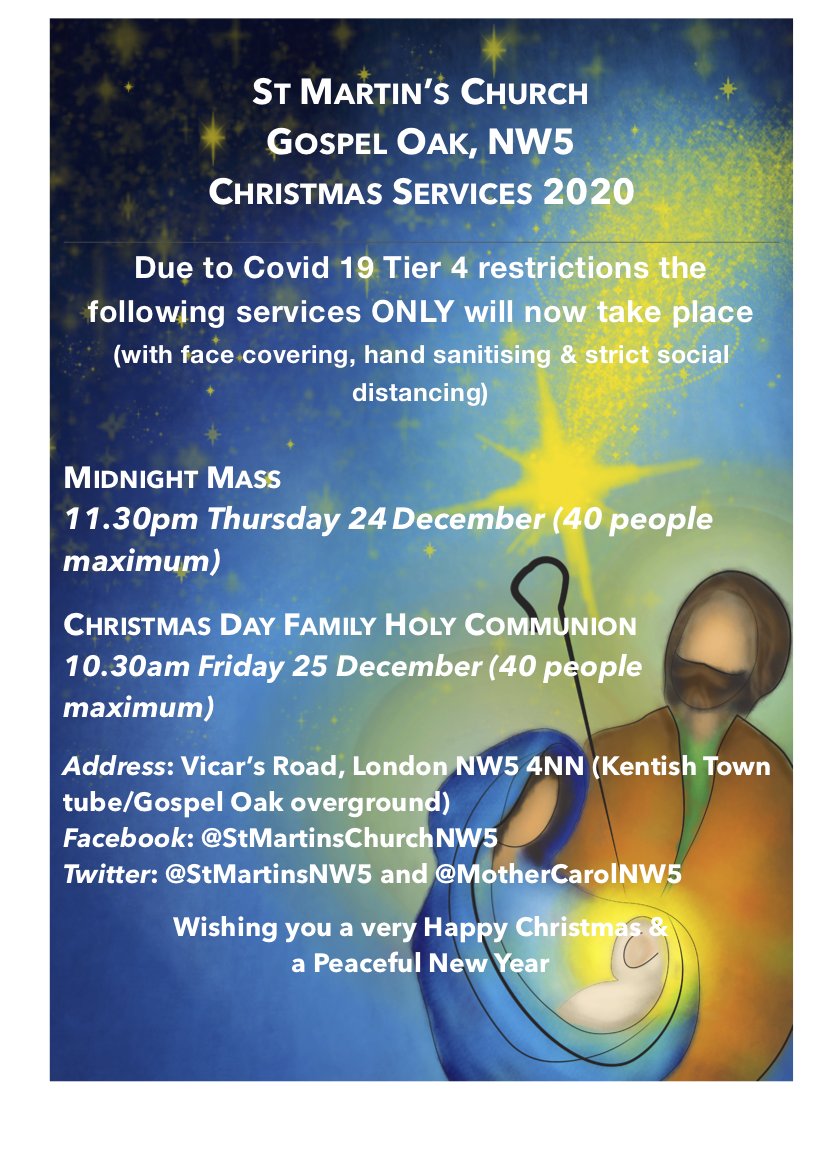 In Tier 4 restrictions, some changes to services. We'll still be open, &amp; would love to see you, help us to keep everyone safe! RT, please. <a href="/StMartinsNW5/">St Martin's Gospel Oak</a> @bpedmonton <a href="/emmanuelnw6/">Emmanuel Church, West Hampstead</a> <a href="/dioceseoflondon/">London Diocese</a> <a href="/QCCA_CEO/">Foyezur Miah</a> <a href="/parishnw6/">@parishnw6</a> @MthrSallyJones <a href="/_rosiejones_/">Rosie Conroy (Jones)</a> <a href="/vahva/">Bryony Taylor</a> <a href="/JulieGittoes/">Dr Julie Gittoes ☩</a> @AnnaStuttard