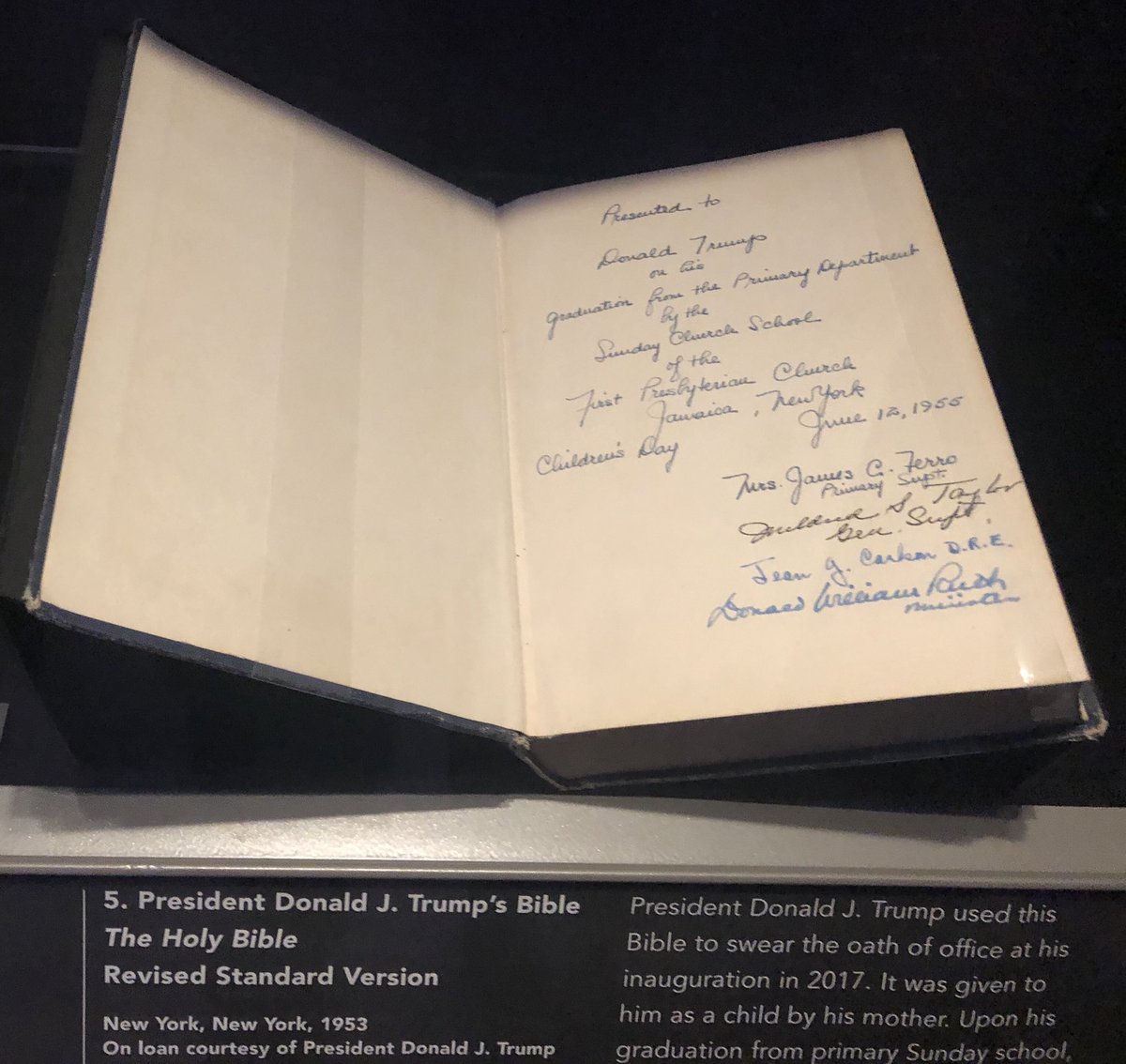 At the Museum of the Bible in Washington DC is the childhood bible belonging to @realDonaldTrump. It reads “Presented to Donald Trump on his graduation from the Primary Department by the Sunday Church School of the Presbyterian Church in Jamaica, NY Children’s Day, June 12, 1955”