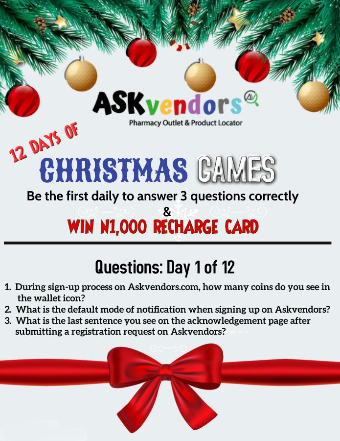 ASKvendors's tweet photo. The Games have begun 🥳🔥! Follow us to be notified when new questions are posted.

Read Terms &amp; Conditions below:
- All answers must be sent via DM to qualify to win.
- Winners must be registered on https://t.co/teXvtFOZfu
- Each winner can only win once in the 12 game days https://t.co/PxQV1kxRNN