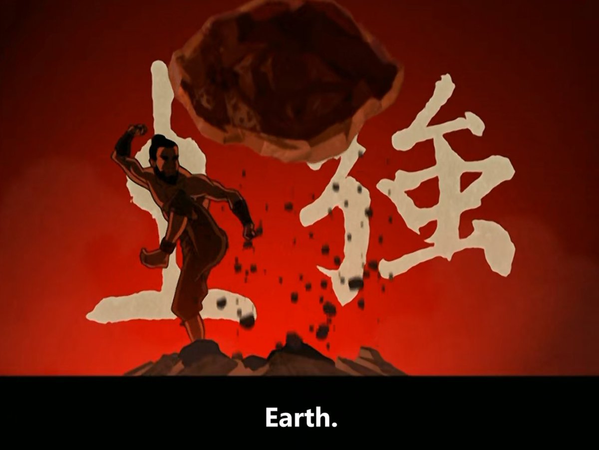 So right away in the background writing in the opening sequence, each element is accompanied by a characteristic that generalizes their nationWater is Kindness, Earth is Strength, Fire is Passion, and Air is Harmony (approximate translations) 2/?