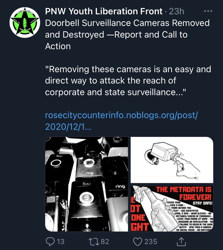  #Portland  #PDXAntifa are circulating advice for destroying and tampering with home security cameras; claiming to have already destroyed several.1/?