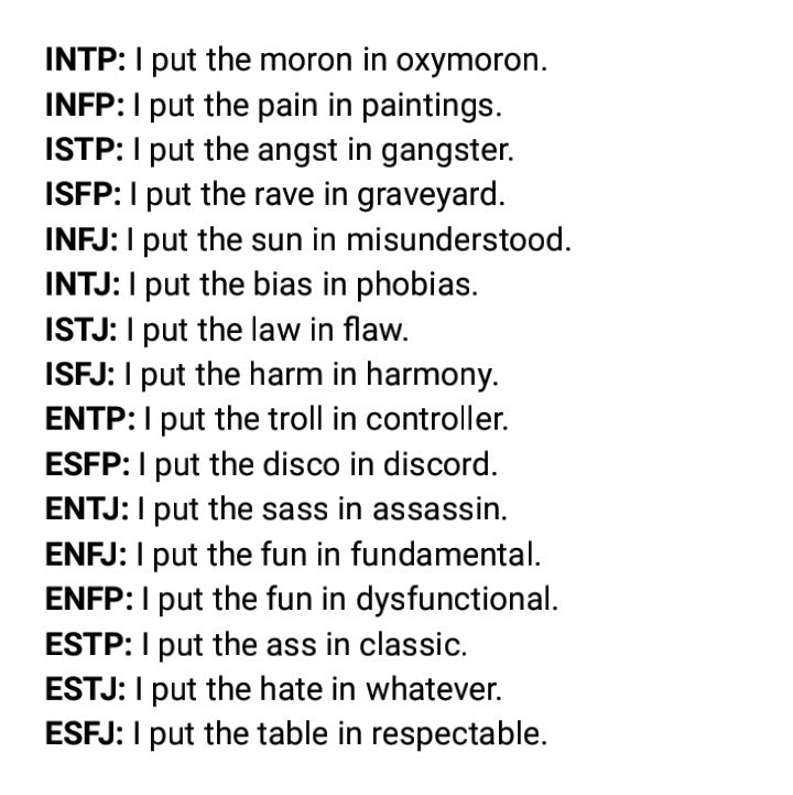 Mbti Memes Intp Infp Istp Isfp Infj Intj Istj Isfj Entp Esfp Entj Enfj Enfp Estp Estj Esfj Mbti Memes 16personalities Credit S U Aiowaitre T Co Vivzpss03e Twitter