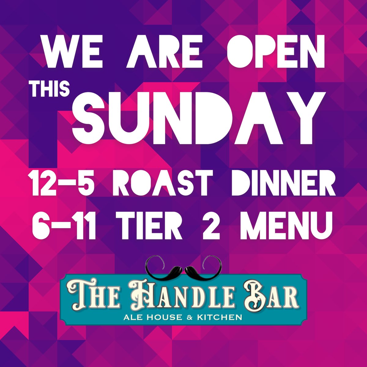 Thehandlebarale's tweet photo. We are open “ THIS SUNDAY” from 12-11. Serving you the delicious Sunday Roast Dinner 12-5pm and 6-11 you get our usual Tier 2 menu. Book your table now to avoid disappointment. Walk ins will be accepted depending on limited availability. https://t.co/RyXODtVgL6
