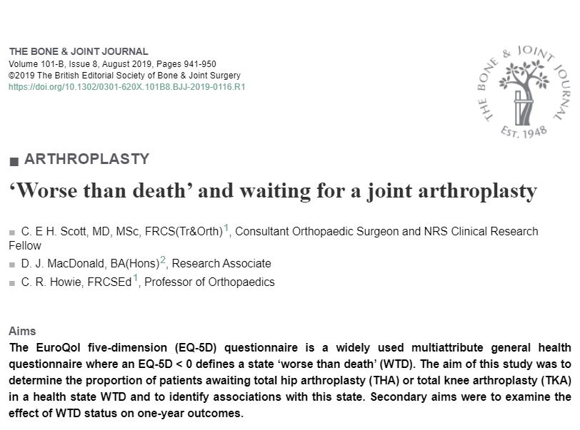 "In total, 19% of patients awaiting THA &amp; 12% awaiting TKA for degenerative joint disease are in a health state worse than death. Although specific comorbidities contribute to this, hip- or knee-specific function, mainly pain, appear key determinants..." ow.ly/2F0B50COXQ1