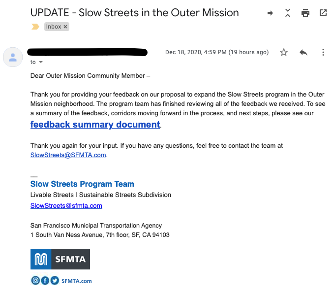 Best email ever received at 5pm on a Friday #slowstreets @UrbanEnviroCA @SouthsideForwrd @SlowerStreets @S4PBayArea @myrnamelgar @Sunnyside_Assoc