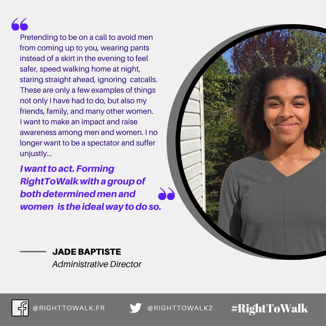 RightToWalk2's tweet image. Meet our team🤩
Jade Baptiste our Administrative Director!
Check out our other social medias and feel free to support us there too! FB and Instagram: righttowalk.fr 
#RIGHTTOWALK
#violanceauxfemmes #violencesconjugales #NousToutes #metoo #equality