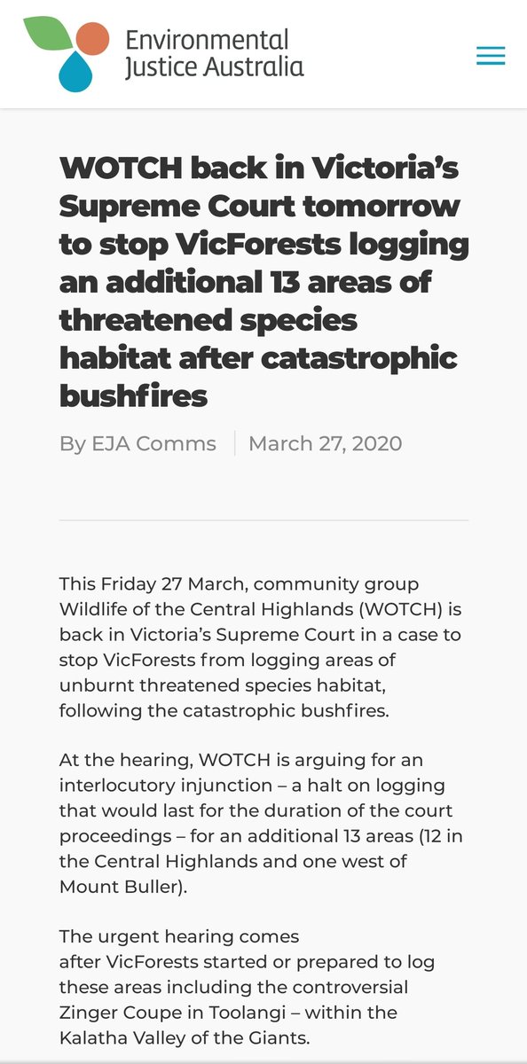 March 2020 #2The Supreme Court stopped logging in a total of 26 coupes, as a result of court action brought by Wildlife of the Central Highlands (begun in January).