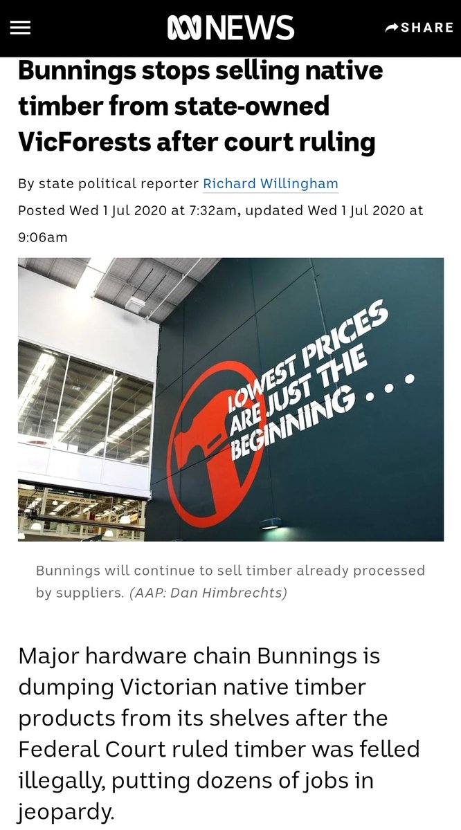 June 2020Kinglake Friends of the Forest  launches a court case against VicForests, alleging it has broken its own regulations about net coupe areas to be logged, as well as logging along roads.Bunnings bans wood logged by VicForests (30 June)